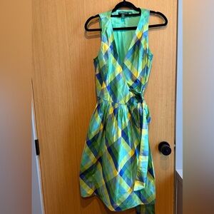 NWT Ralph Lauren 100% Silk Blue Green Plaid Garden Hampton Wrap Dress